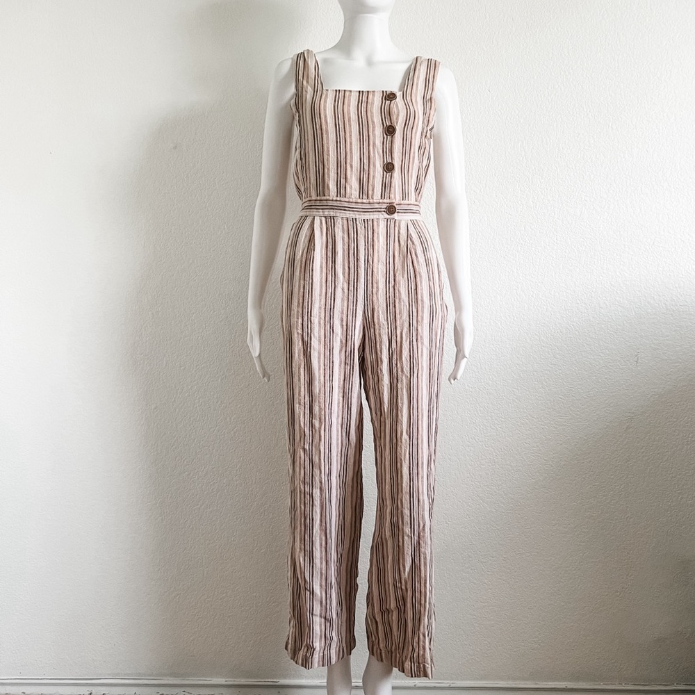 Indigo Rein Small Stripe Sleeveless Jumpsuit Pockets Square Neck Button …